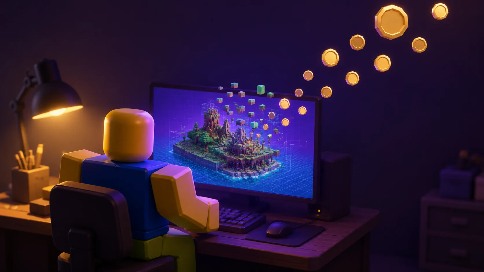 Avatar em blocos numa escrivaninha montando um mundo no Roblox Studio, com moedas saindo do monitor